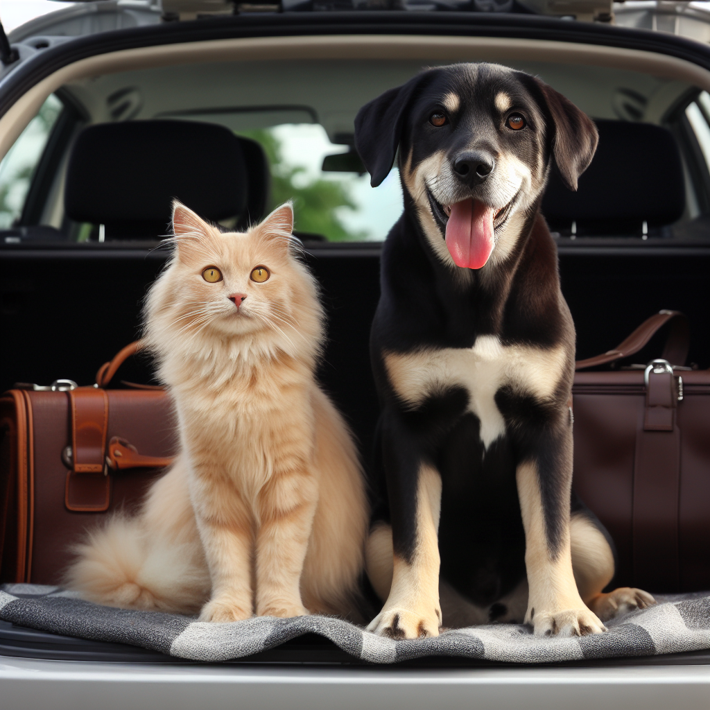 Zdjęcie psa i kota w otwartym bagażniku samochodu